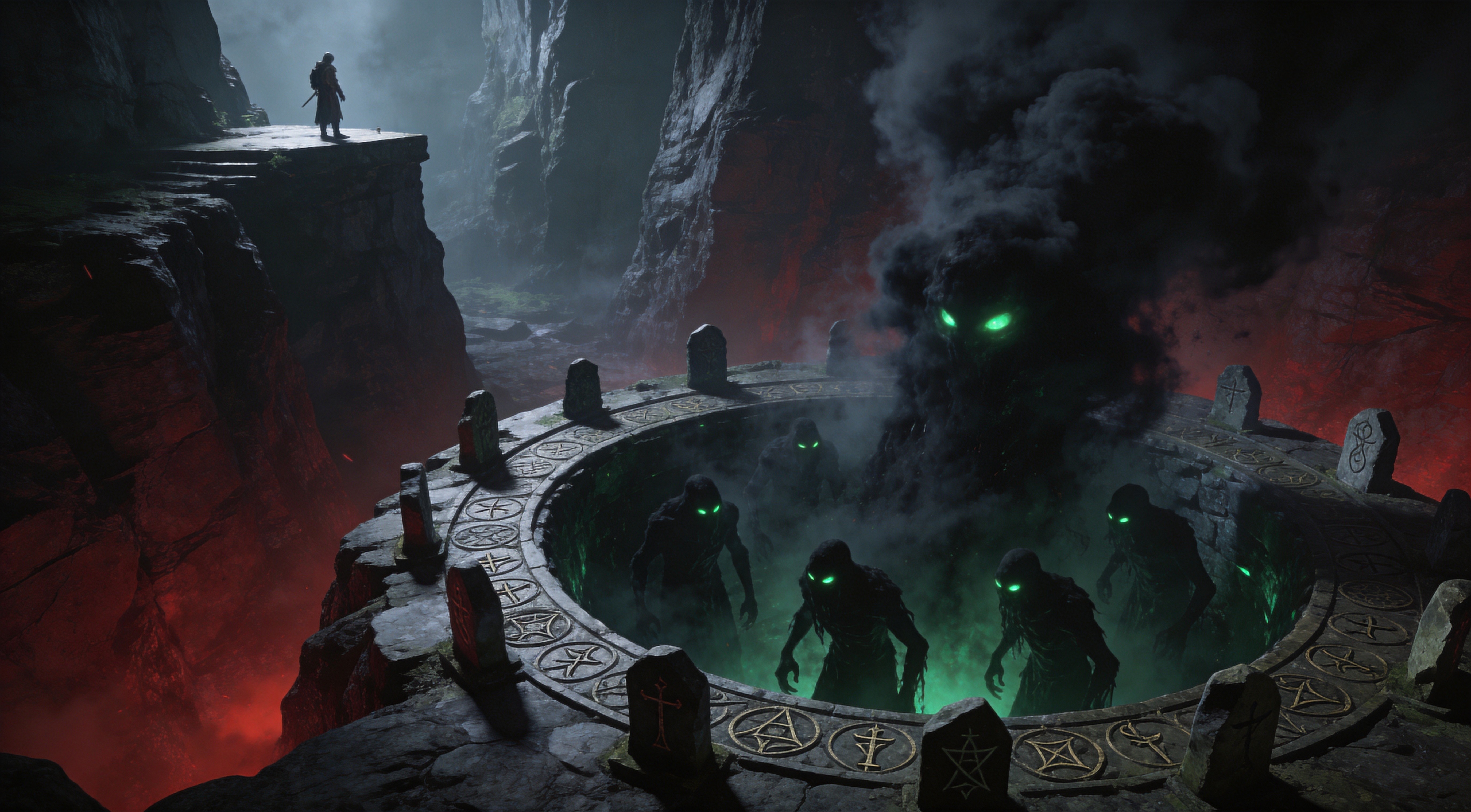 Amanamu faction route — dark-clouded void rares spawning from an abyss pit