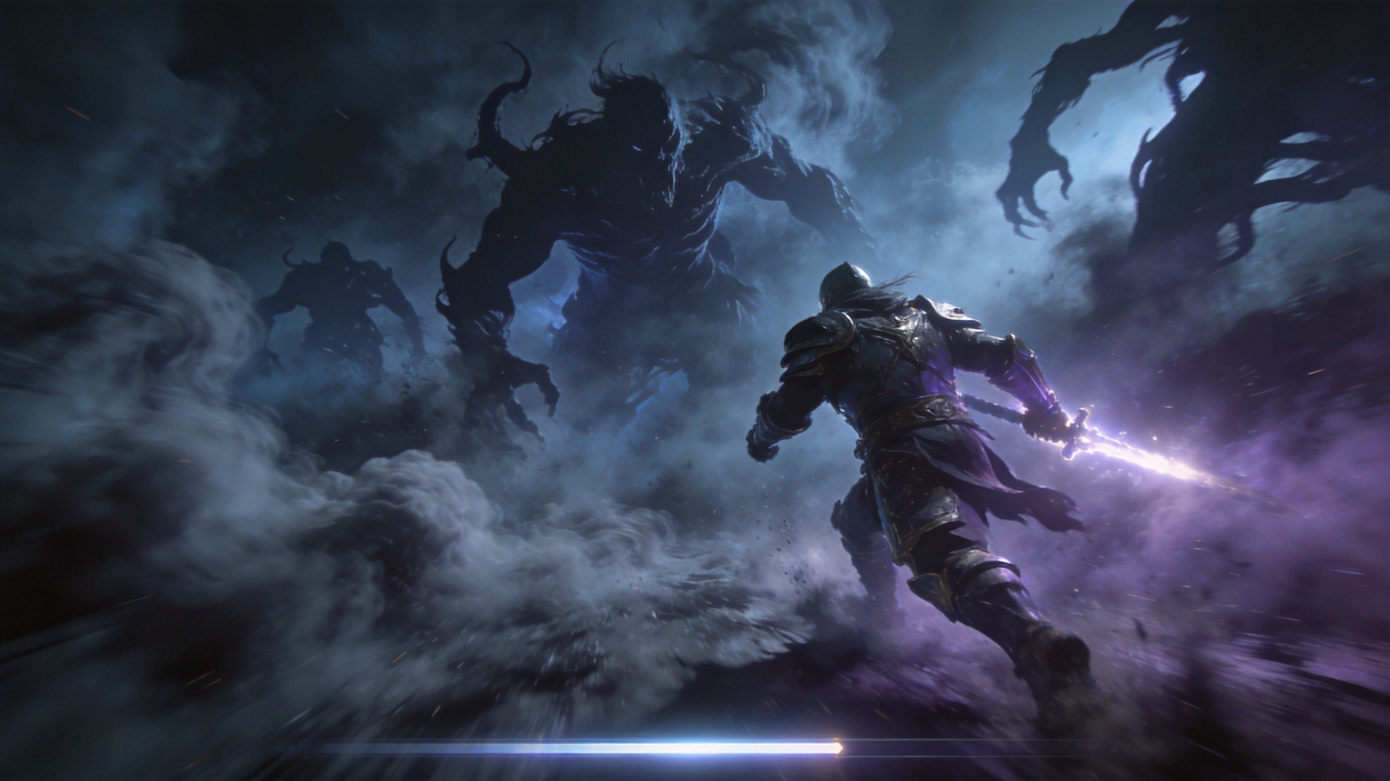 An exile pushing through dense grey fog, monsters materializing from the mist on all sides. The progress bar glows at the bottom of the screen. Monster silhouettes grow larger and more twisted as Deliriousness increases. Heavy motion blur, dark fantasy action style.