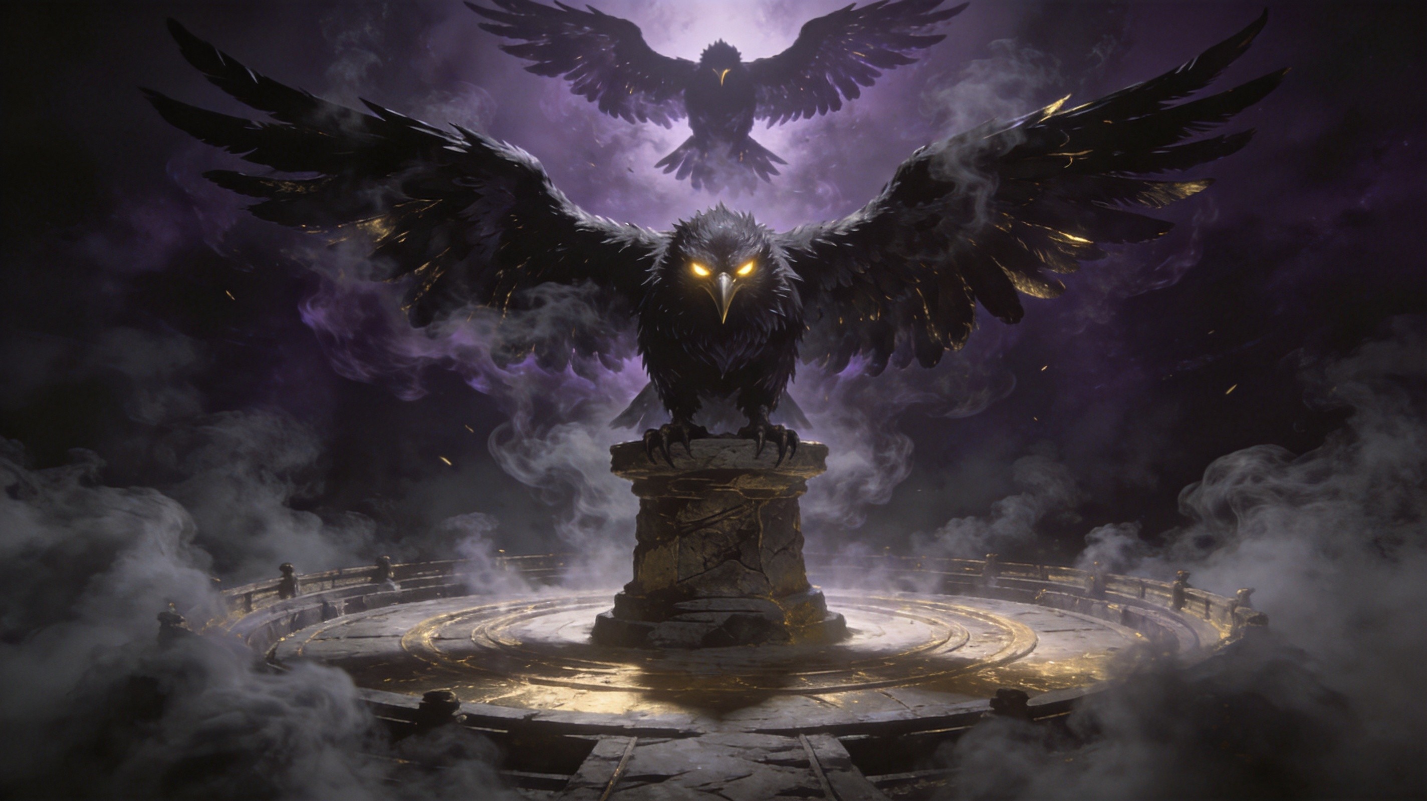 Tangmazu boss arena — a raven-like entity perched atop a massive stone pedestal in a circular arena surrounded by swirling fog. The creature's form shifts between solid and mist. Golden eyes pierce through the darkness. Two phases visible: the grounded form and an ascending winged silhouette above.