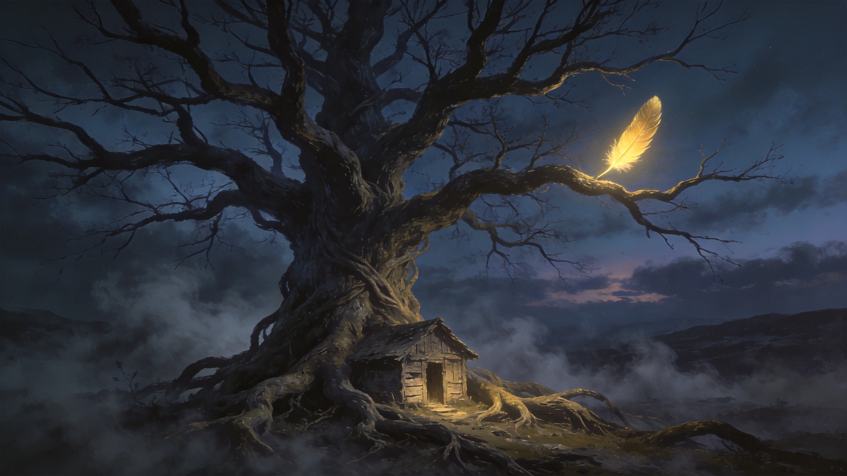 The Withered Willow hub — a massive, leafless tree holding a single glowing feather in its upper branches. Elder Madox's hut is nestled among the twisted roots. Delirium fog rolls across the surrounding landscape. A sense of melancholic refuge mixed with dread.