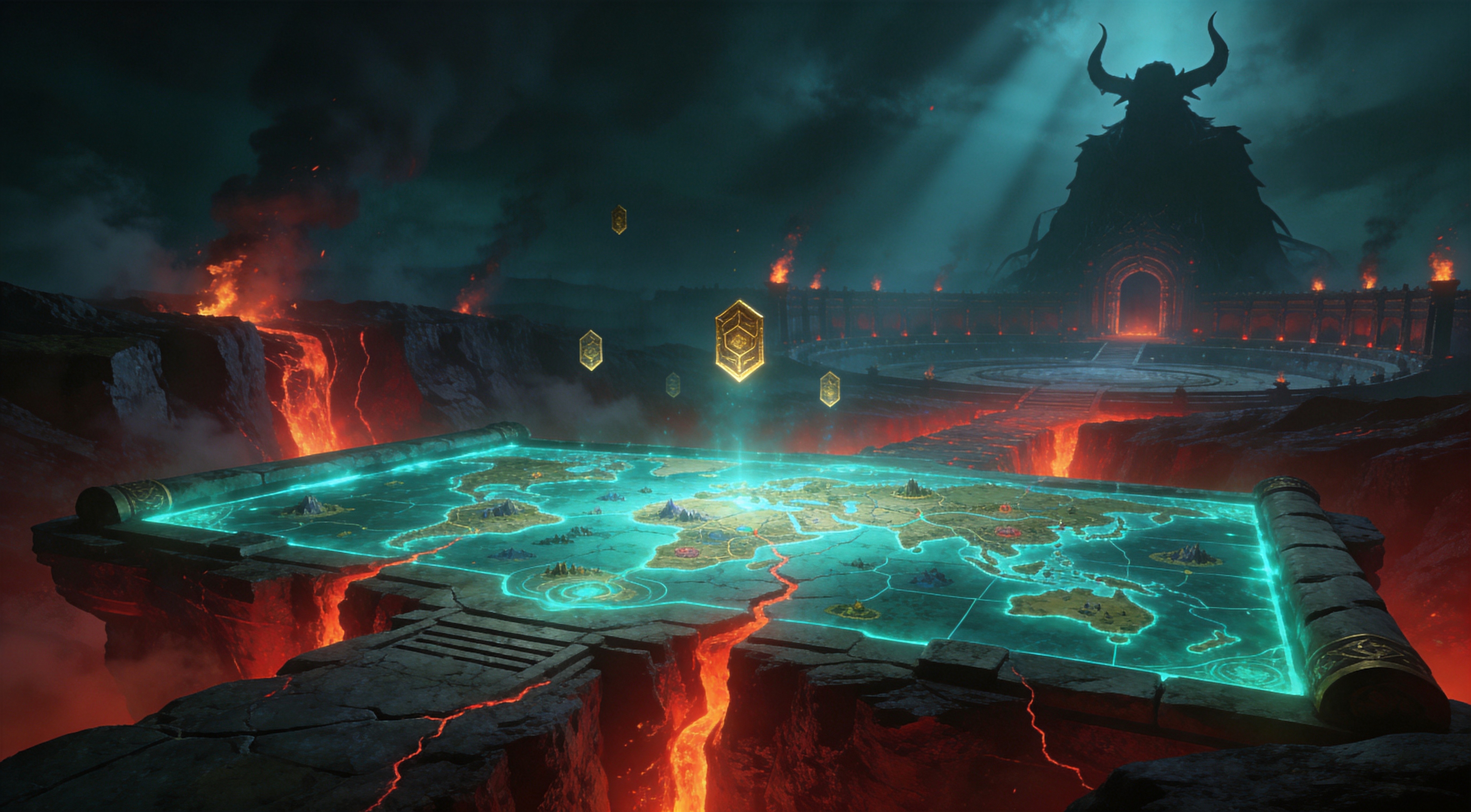 Epic endgame atlas map with glowing abyssal ravines and a towering pinnacle boss arena, dark fantasy, teal and red lighting
