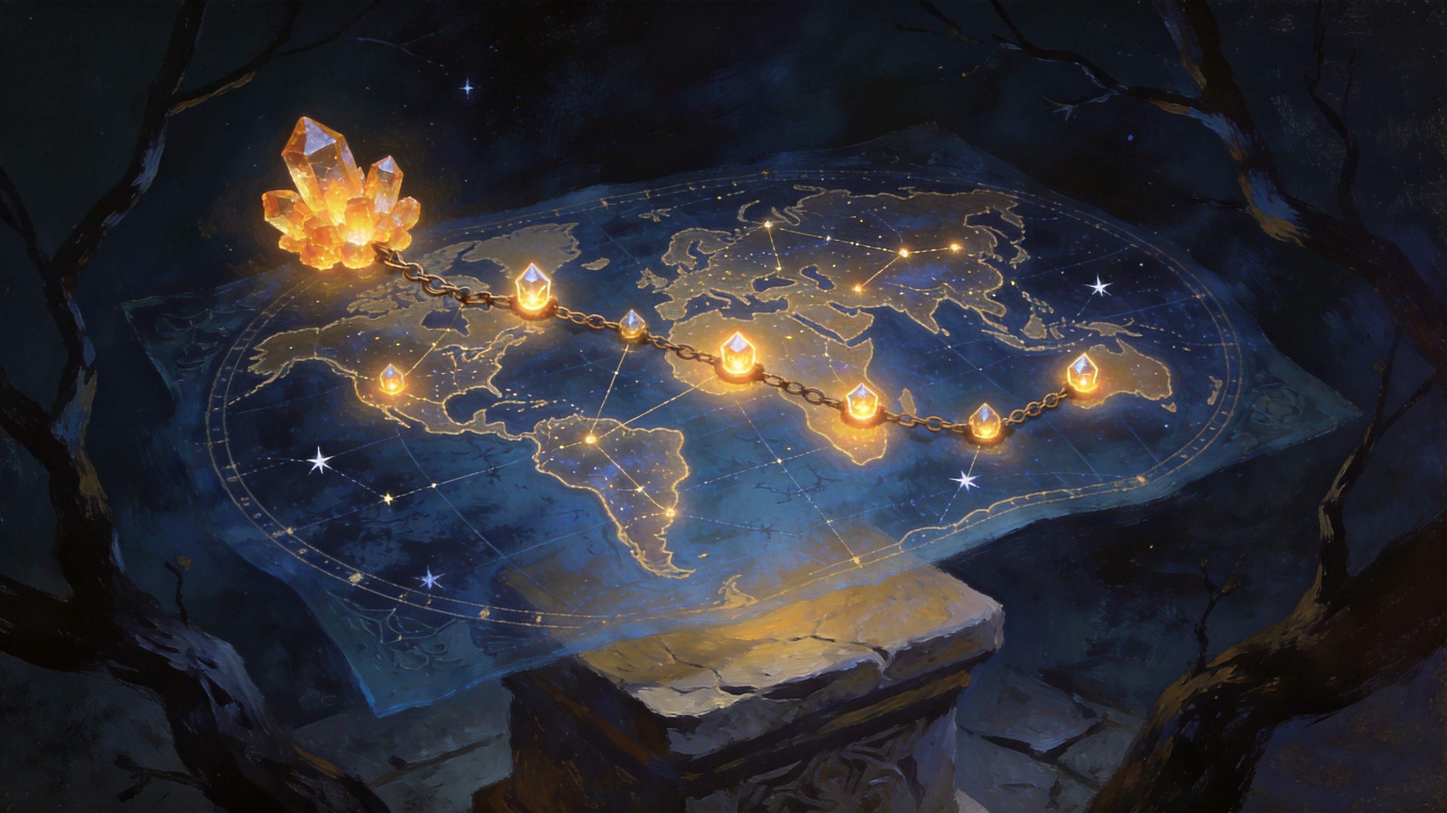 A glowing Atlas map interface with essence-themed passive nodes lit in amber, crystal icons clustered along one branch, a cursor hovering over a corrupted lattice node, dark UI illustration style