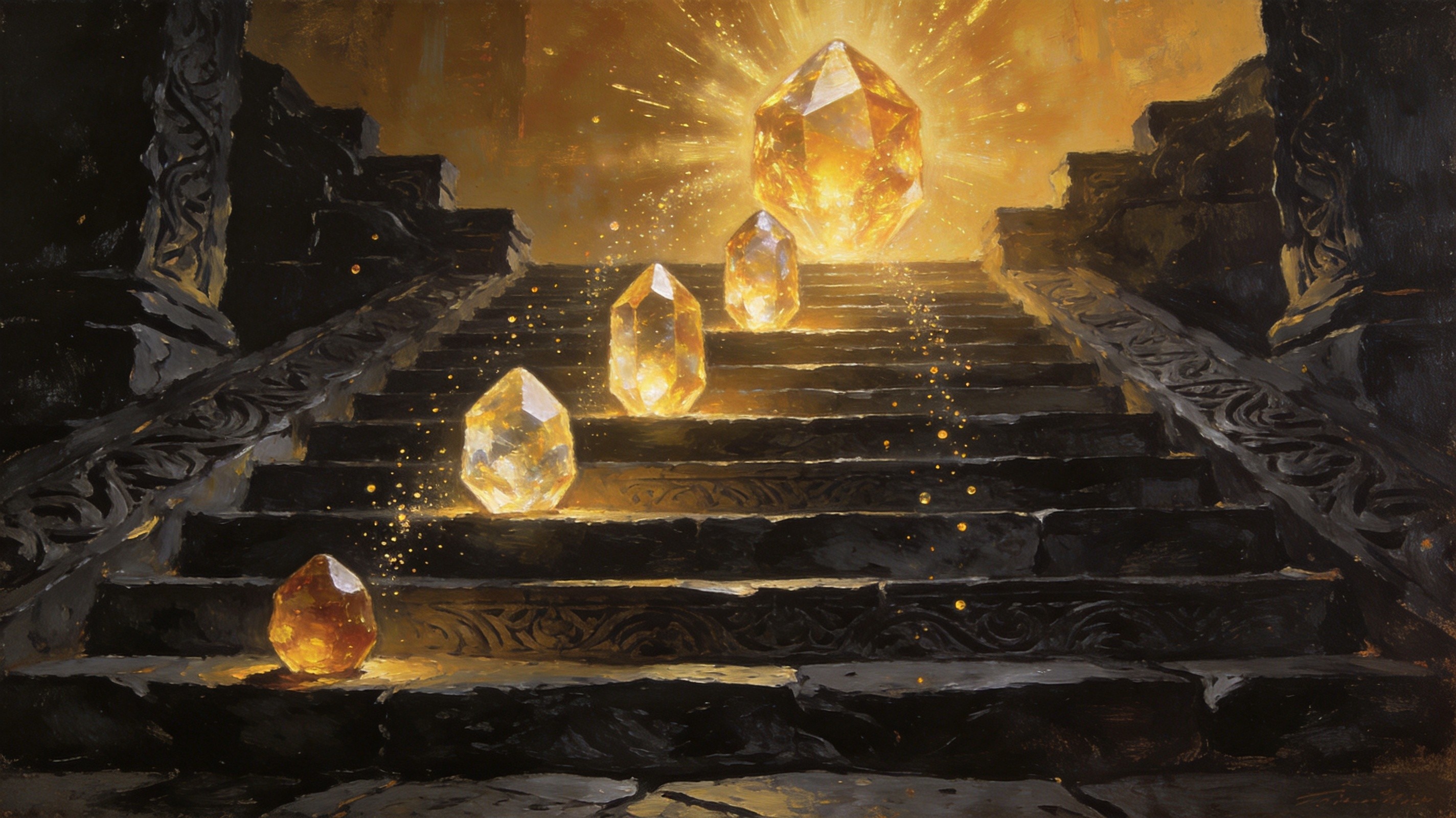 Four essence crystals ascending a carved stone staircase from small dull amber to large radiant gold, each step glowing brighter, soft magical particles rising, dark fantasy concept art
