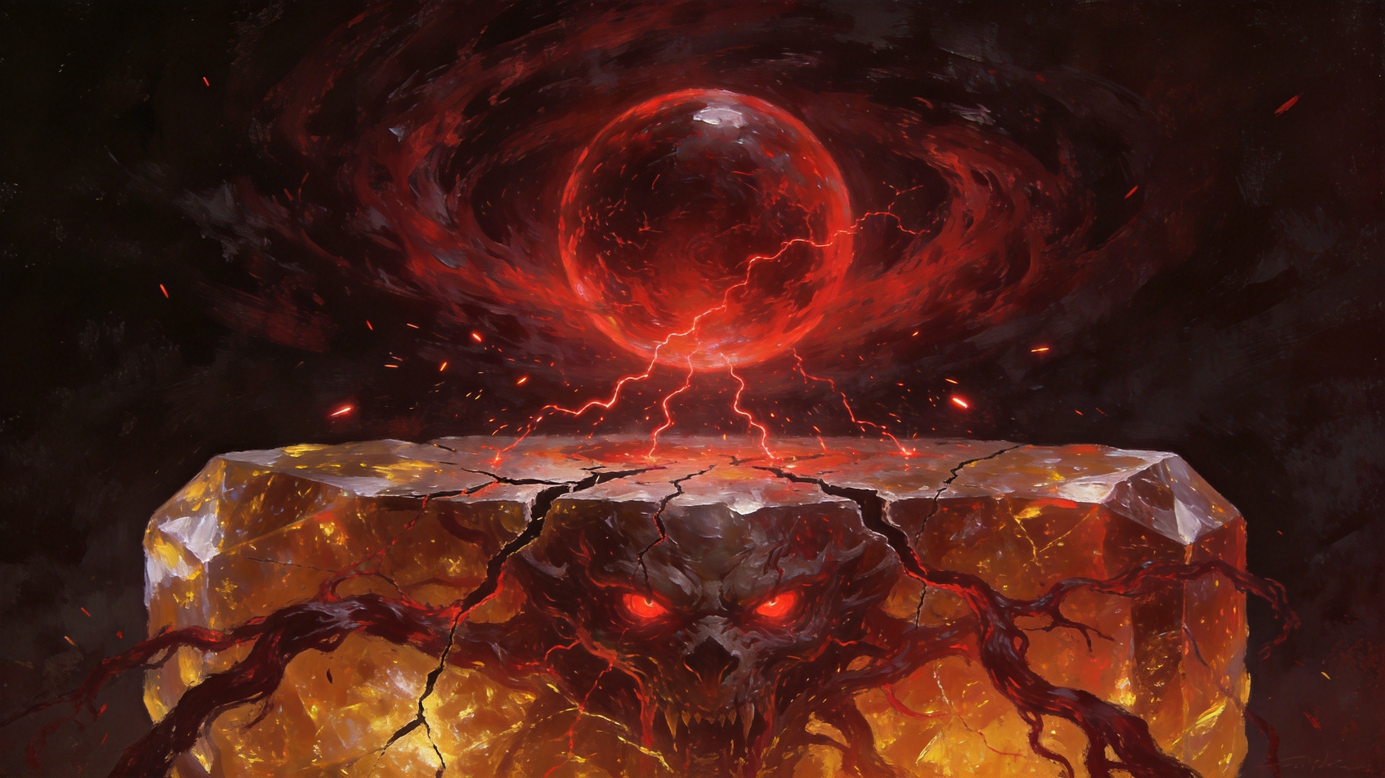 A glowing crimson Vaal orb hovering above a cracked essence monolith, corrupting energy tendrils spreading through the crystal, an imprisoned beast's eye snapping open inside, dark fantasy ritual scene