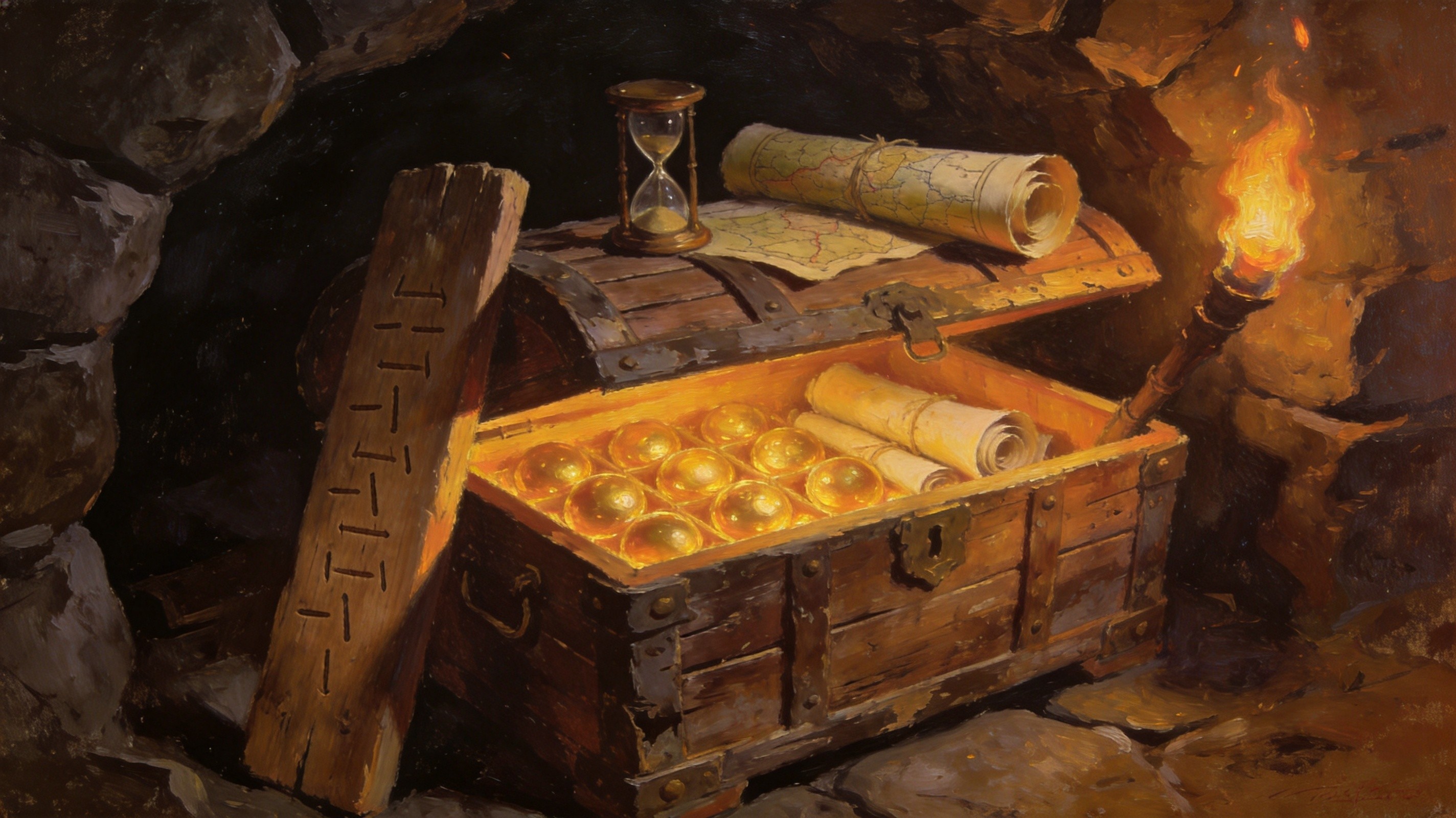 A weathered hourglass sitting on a Kalguuran stone table, sand running low, glowing runes on the glass, dark fantasy still life with teal and gold lighting