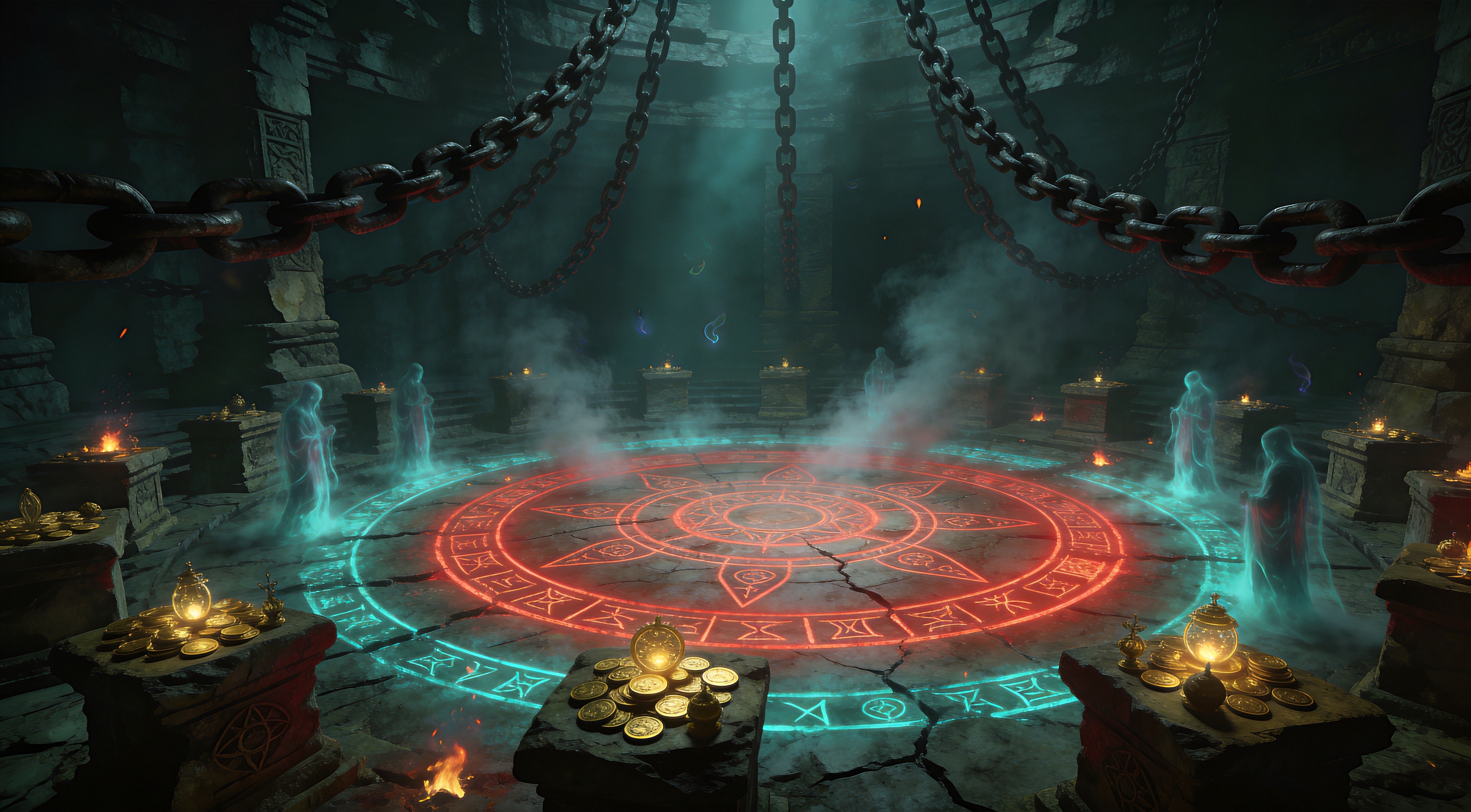 Dark ritual effigy wreathed in green mist in a Wraeclast ruin, King in the Mists cultists, moody teal and gold fantasy art