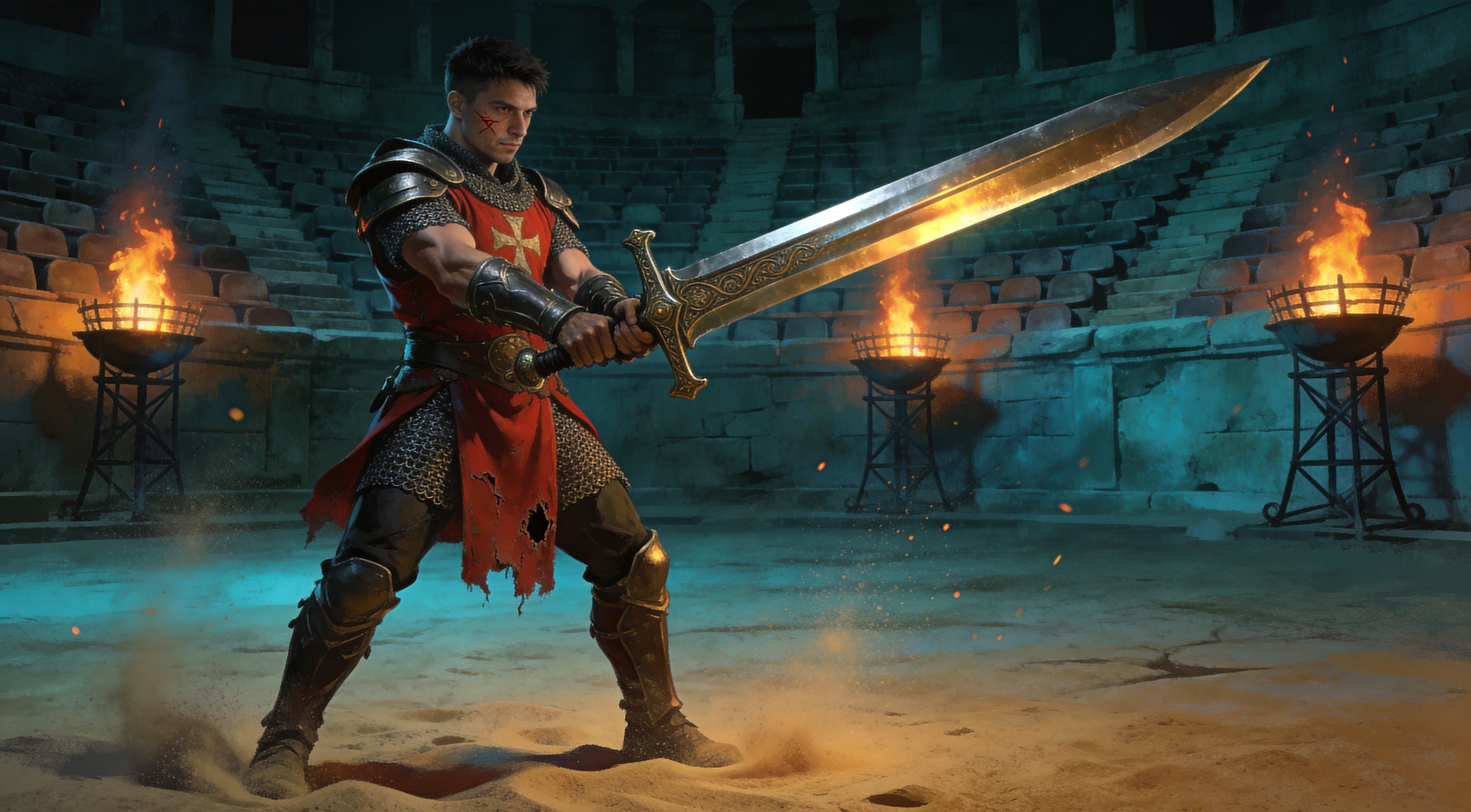 A duelist in a sunlit sandstone arena raising a massive two-handed sword overhead with both hands, banners and blurred crowd silhouettes behind, dramatic dust and golden light, dark fantasy concept art