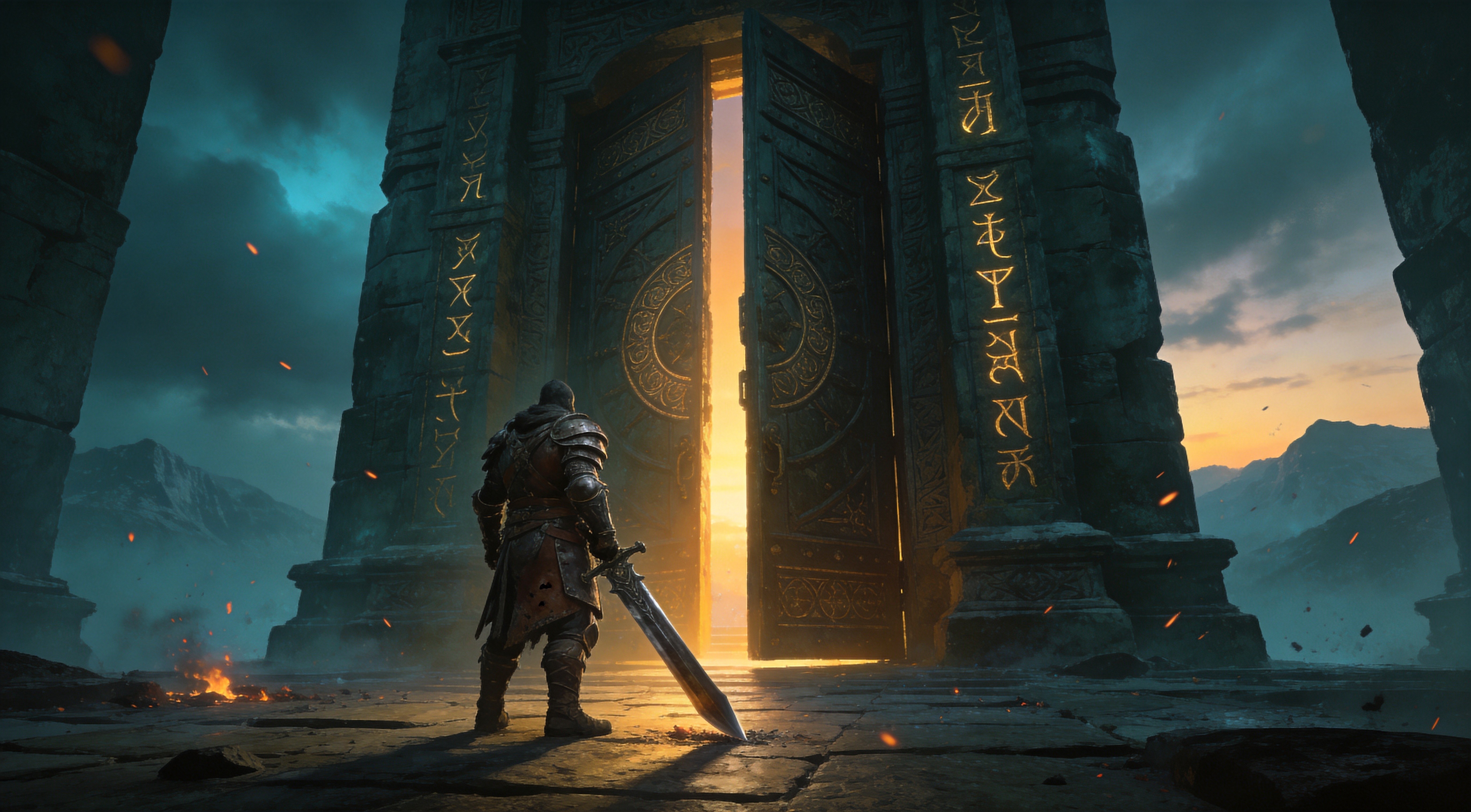 An armored warrior standing before colossal opened rune-carved temple gates, blinding golden light pouring through the doorway, distant mountain landscape, epic dark fantasy concept art