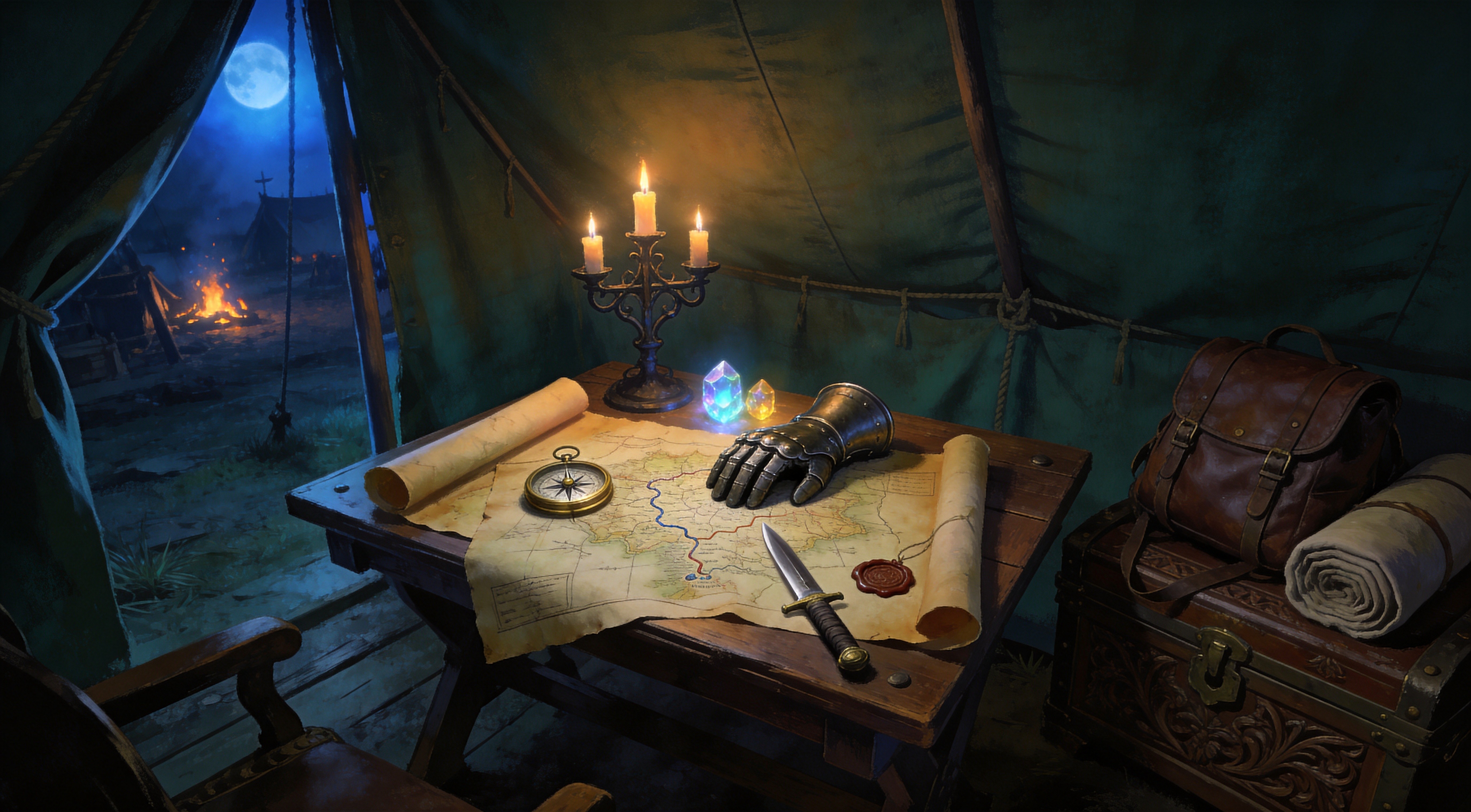 A military campaign tent at night, a parchment map with a brass compass and a glowing blue waystone laid across a wooden table, lantern light and scattered coins, quiet planning atmosphere, dark fantasy concept art