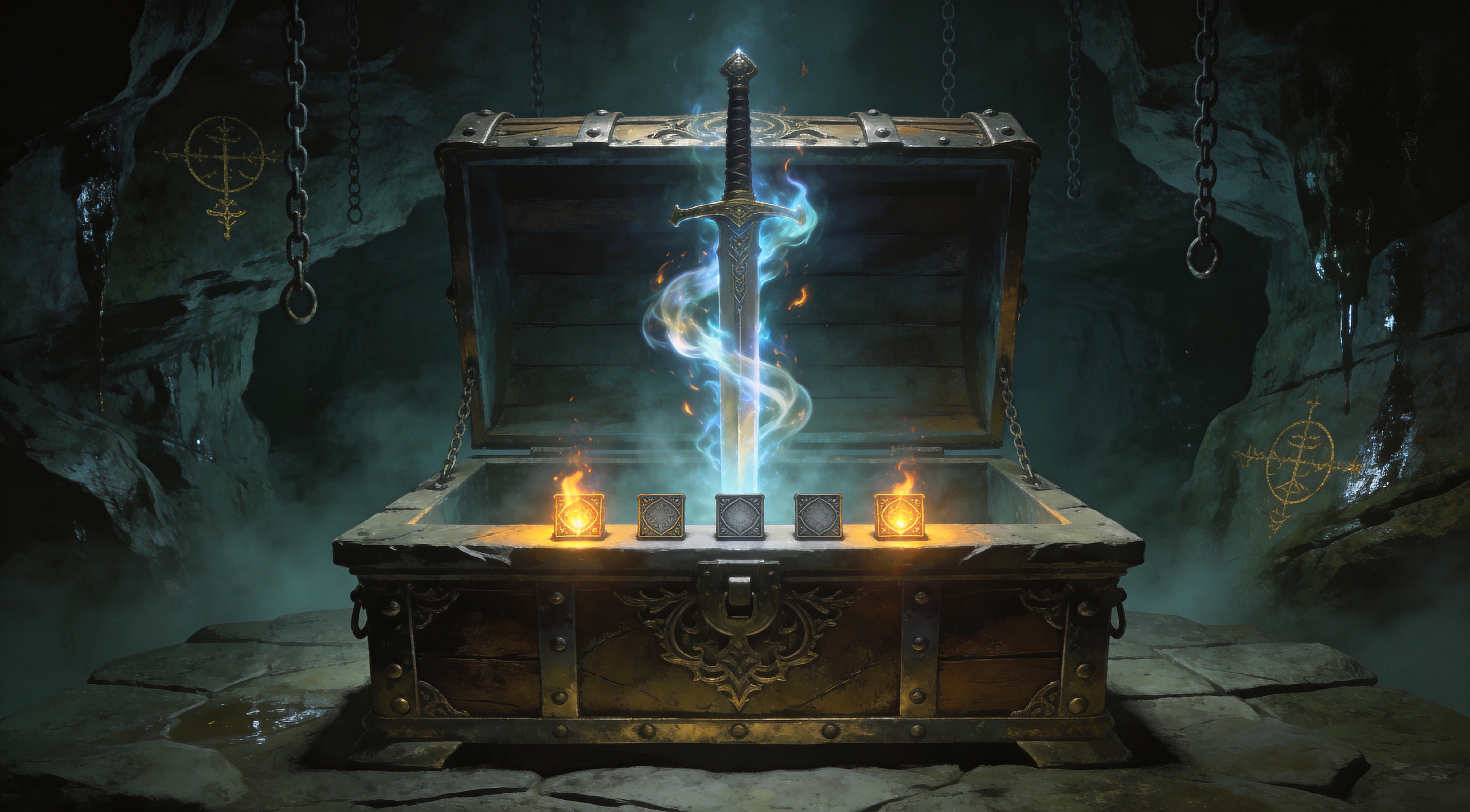 An open ornate treasure chest inside a dark cavern, a glowing blue soulflame sword resting inside beside five round tokens, two tokens burning bright and three still dim, dramatic rim lighting, dark fantasy concept art