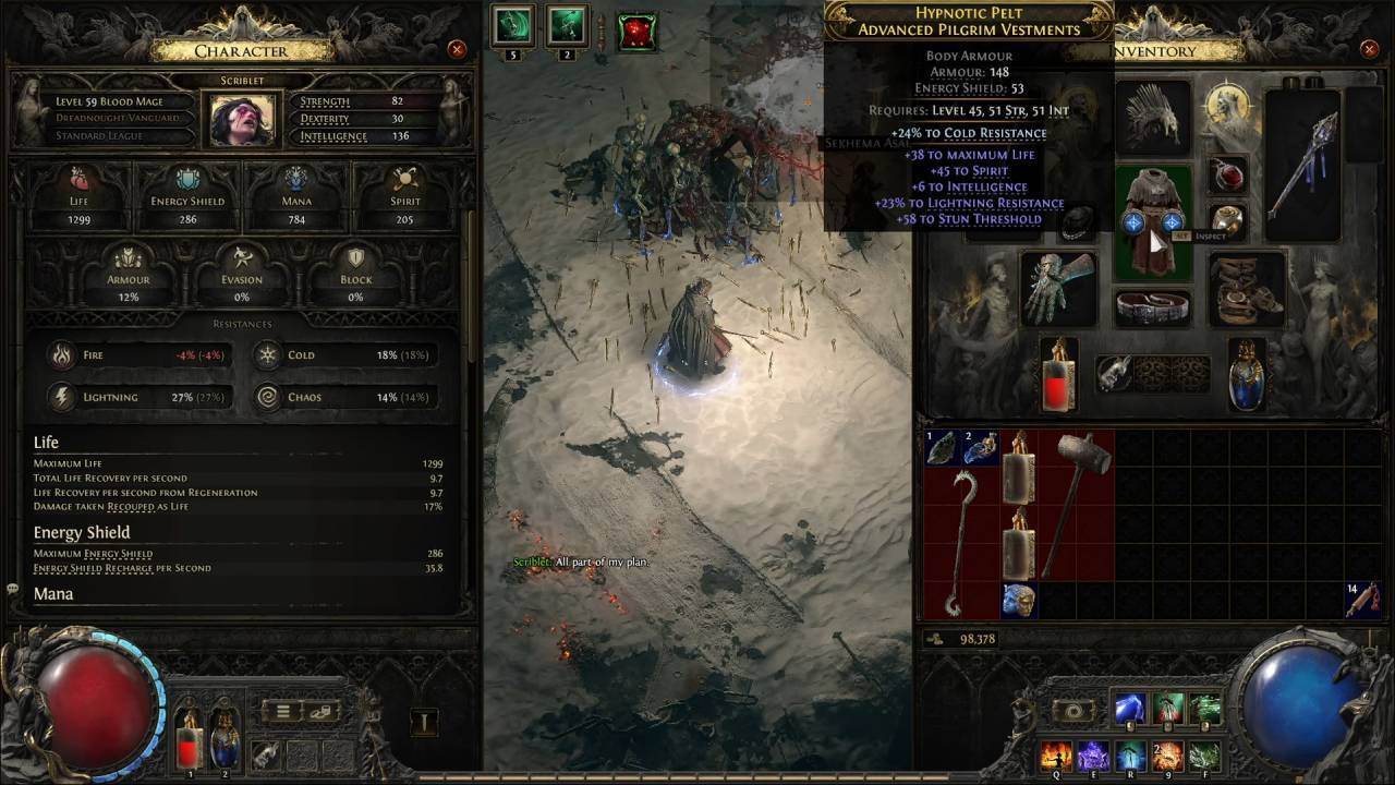 PoE2 equipment interface screenshot — character equipment slots and item stats