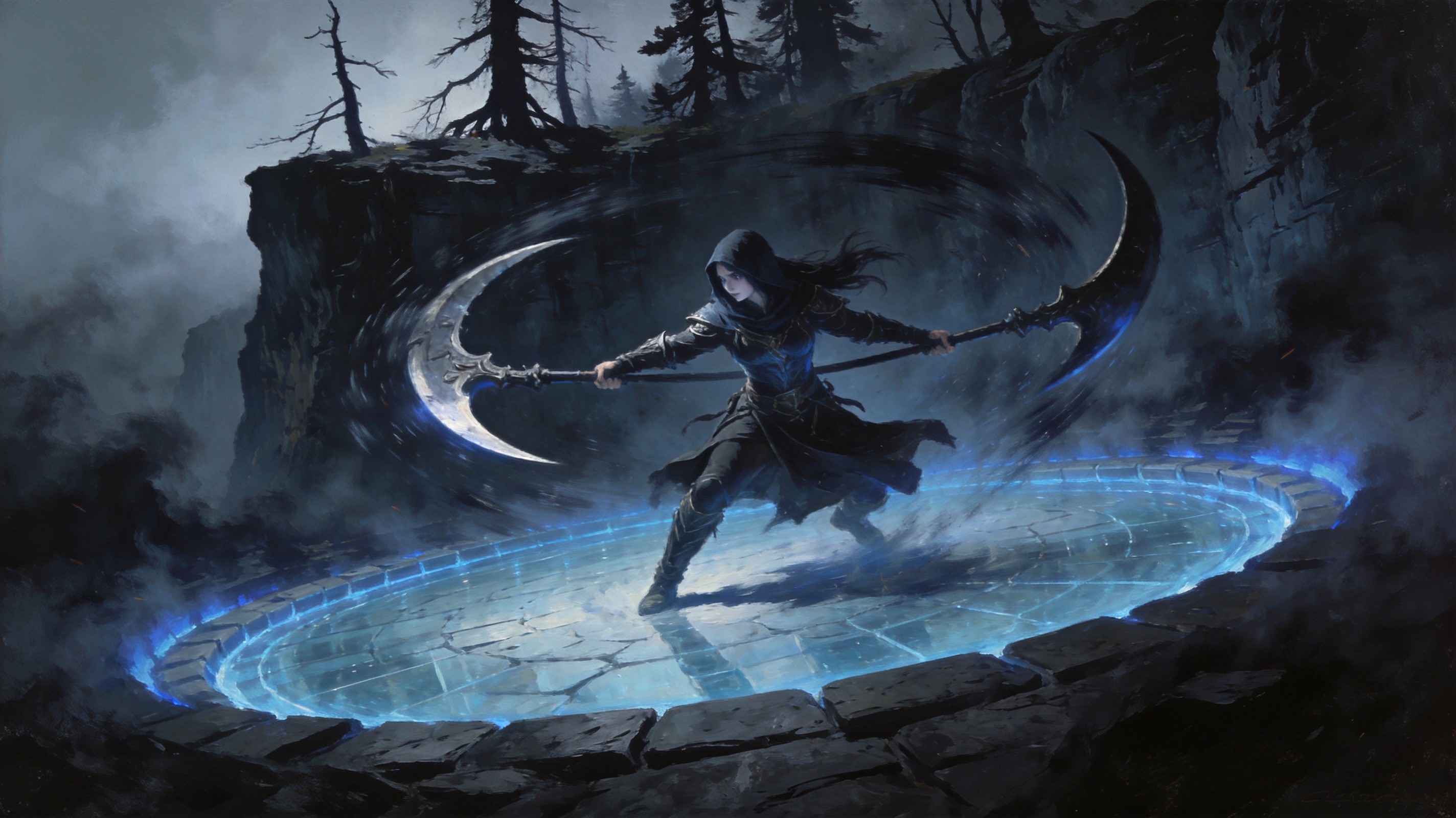A hooded mercenary queen dual-wielding massive scythes in a fog-drowned cliffside arena, a shrinking circle of clear ground surrounded by pitch-black mist, cold blue rim lighting, dark fantasy boss arena