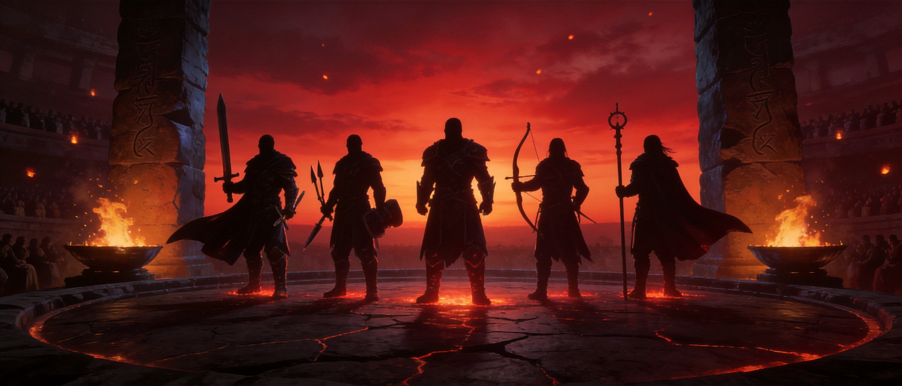 Dark fantasy warrior silhouette against dramatic stormy sky