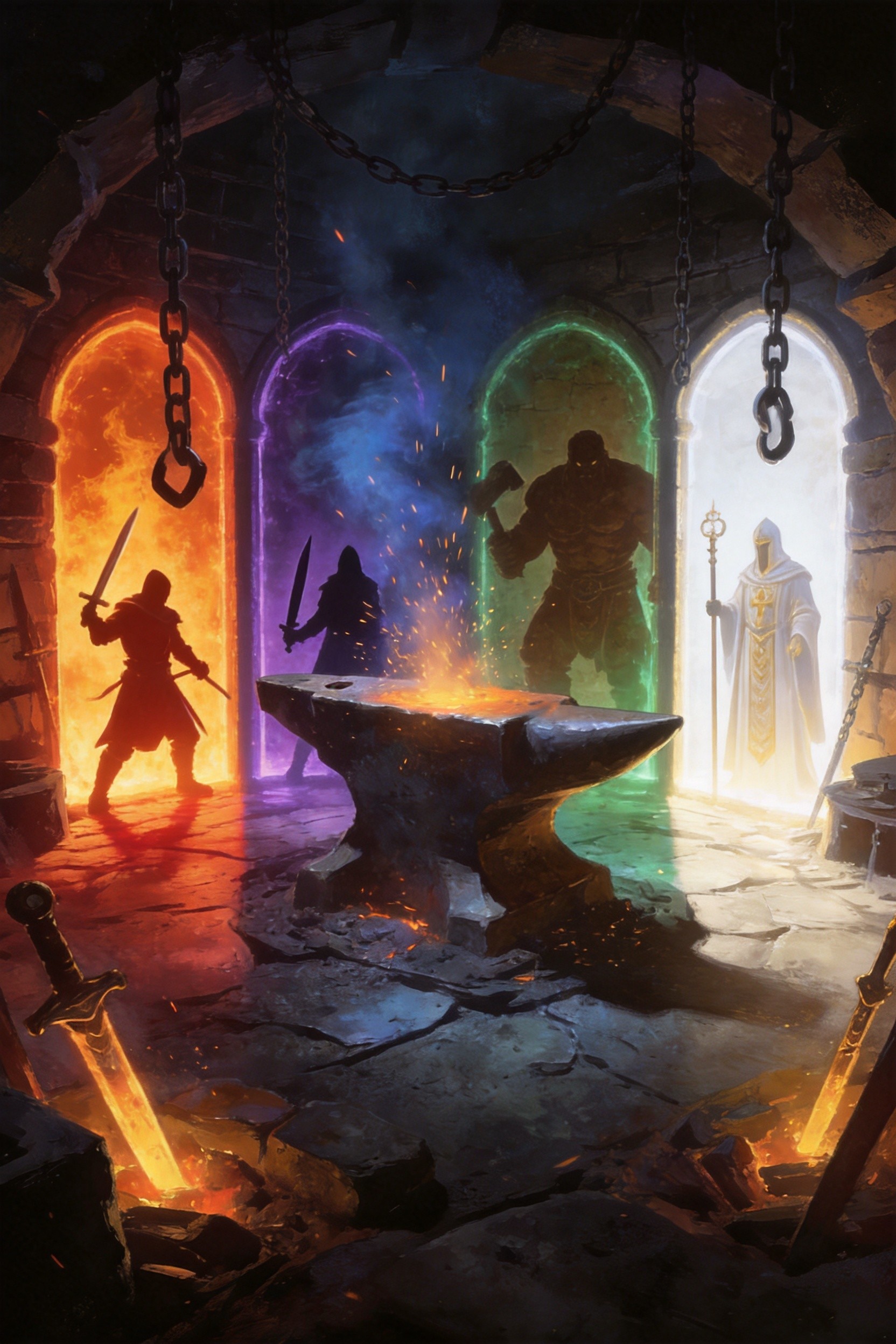 Ancient sword embedded in stone with ethereal energy radiating from the blade