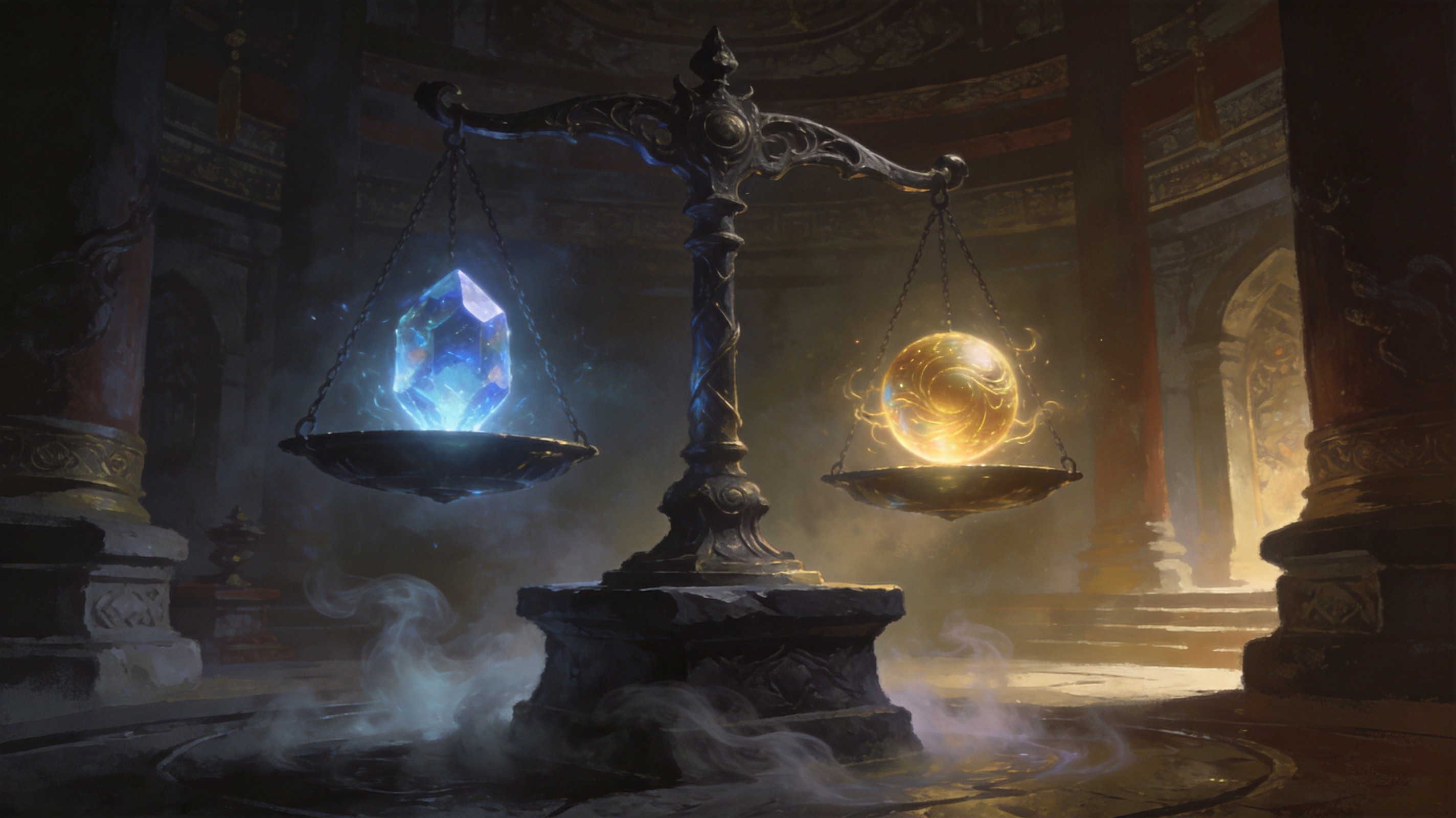 A lone wanderer standing at a crossroads of glowing sigils, each path radiating a different hue of arcane energy into the darkness
