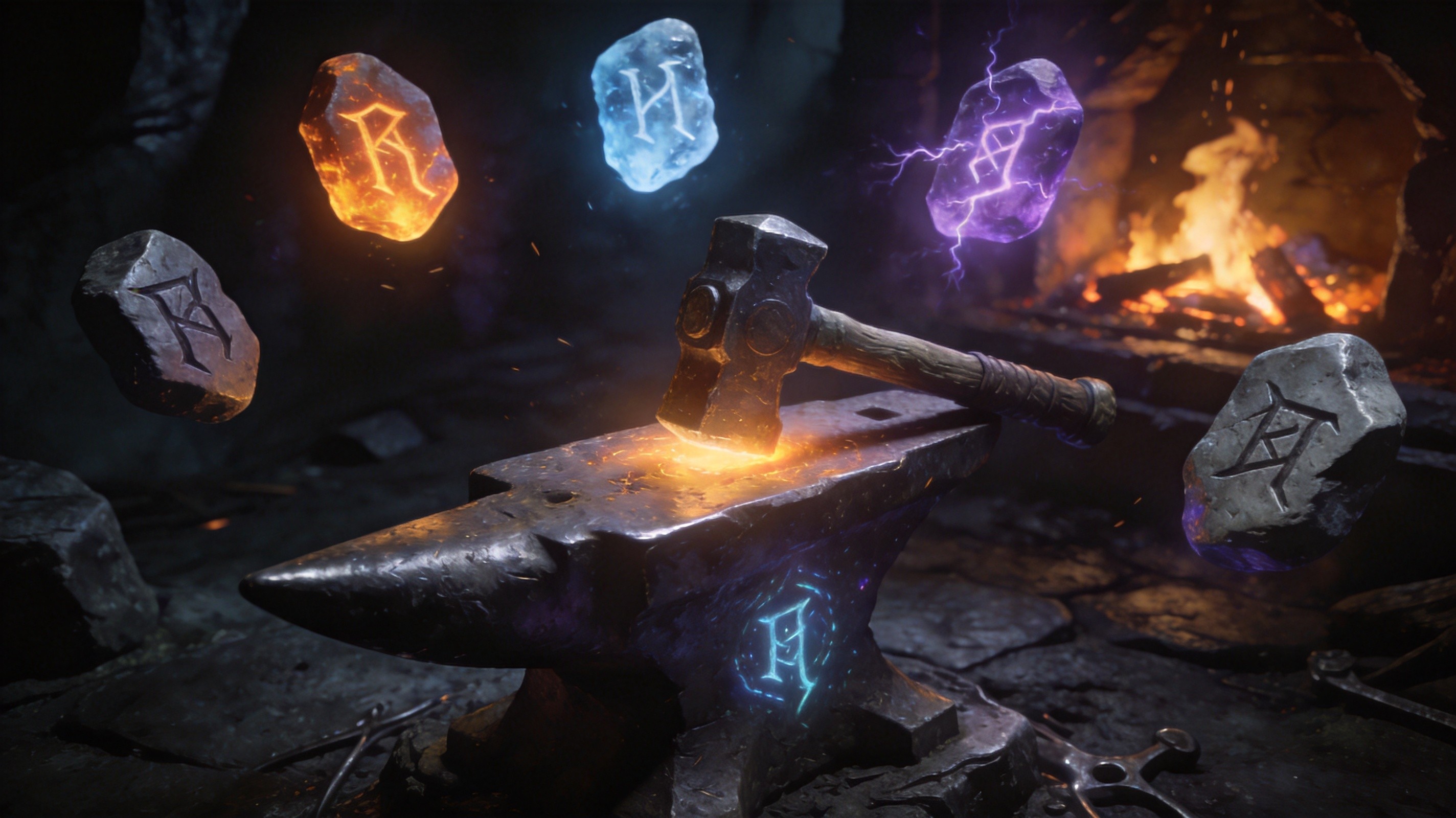 A Kalguuran runesmith's anvil with glowing rune stones
