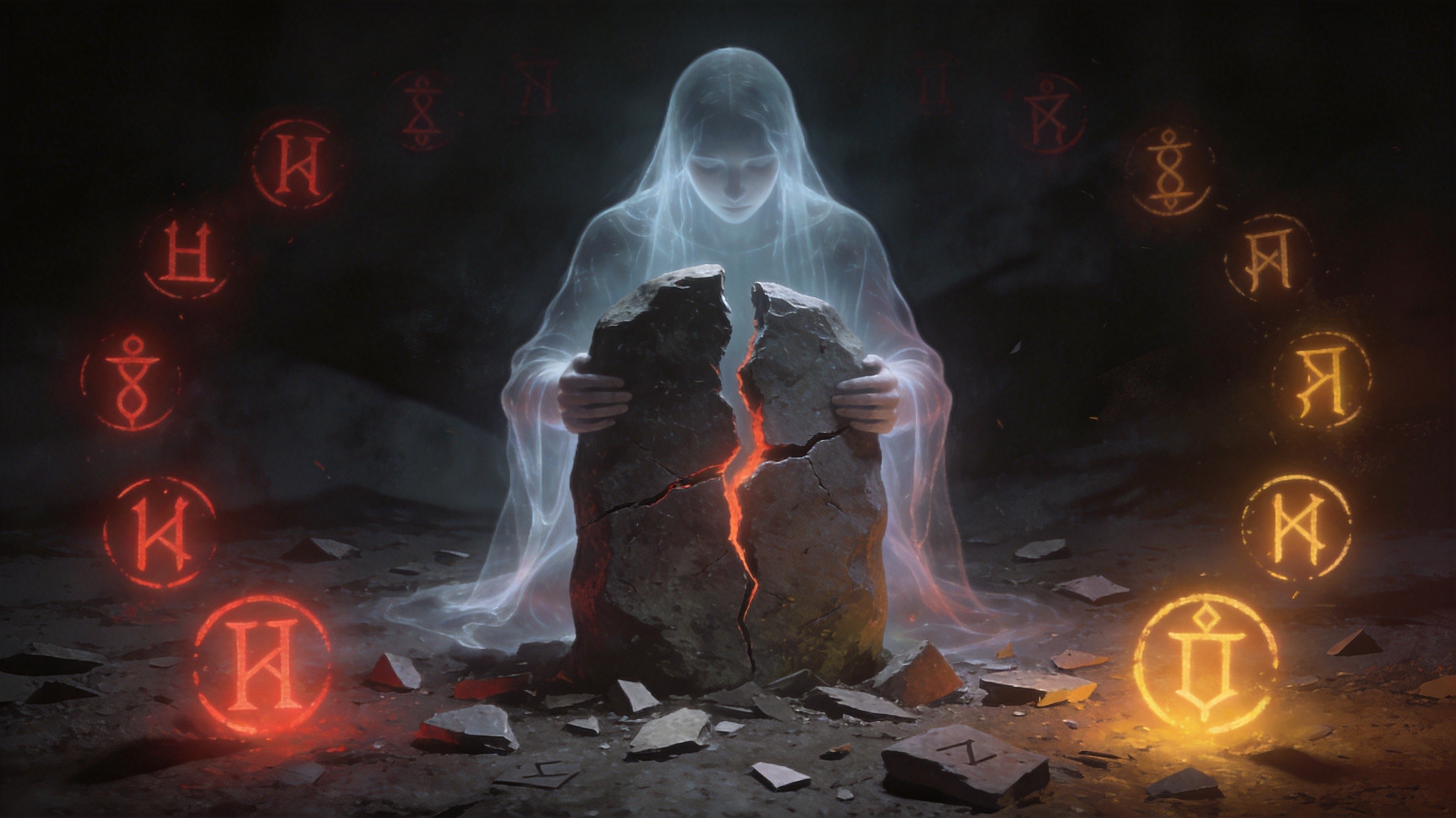 Ghostly figure with broken rune stone surrounded by warning symbols