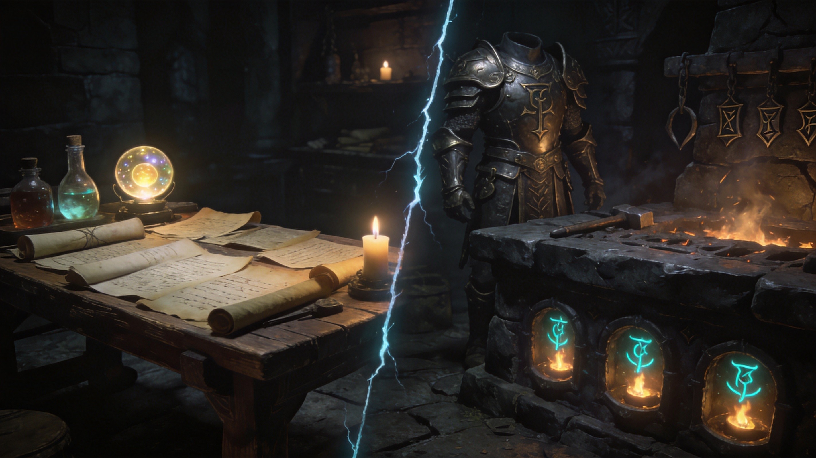 Dark fantasy forge with glowing rune stones of various elements