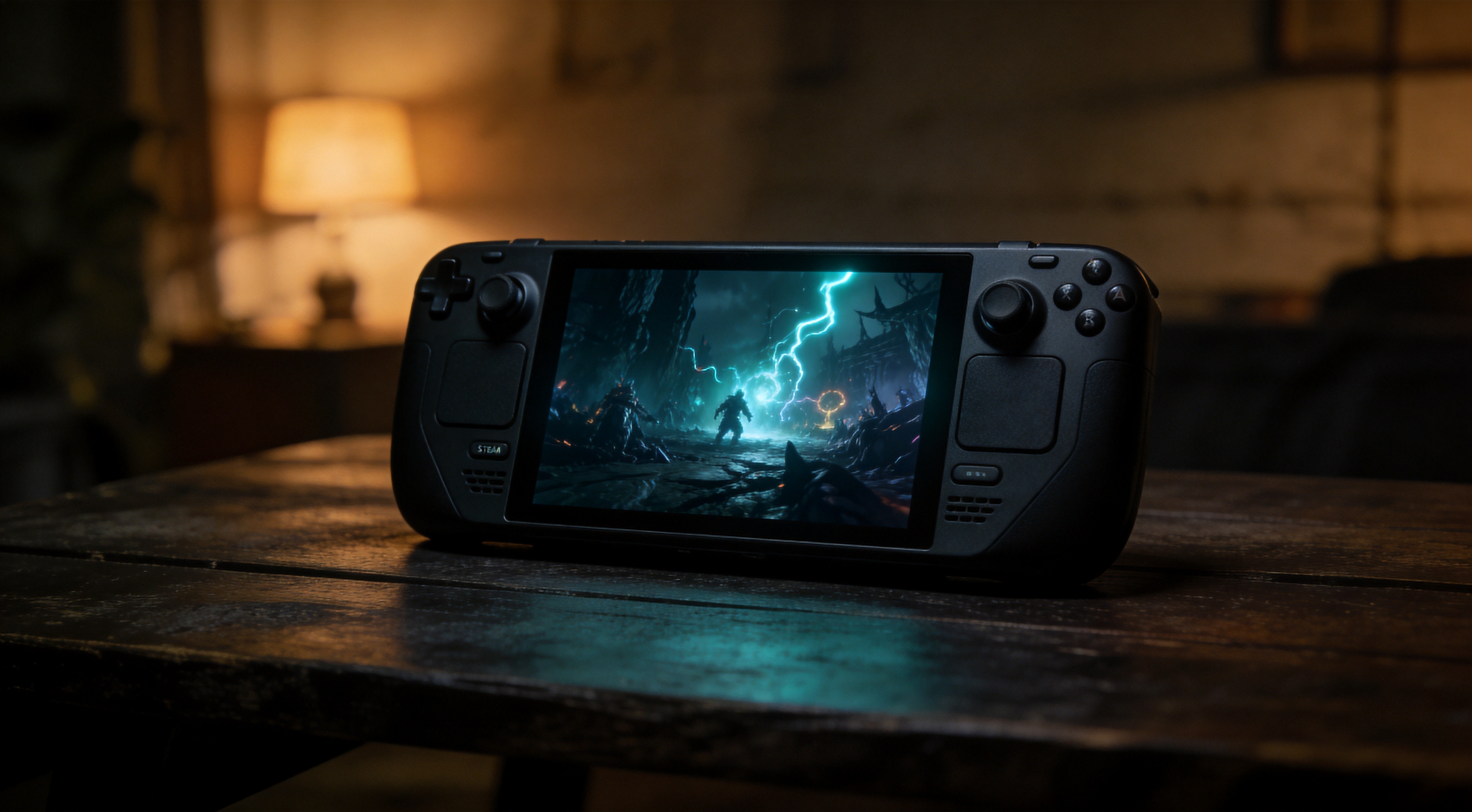 A Steam Deck resting on a dark wooden table in a dim room, its screen showing a dark fantasy battlefield with glowing skill effects, soft ambient light around the device, atmospheric product photography