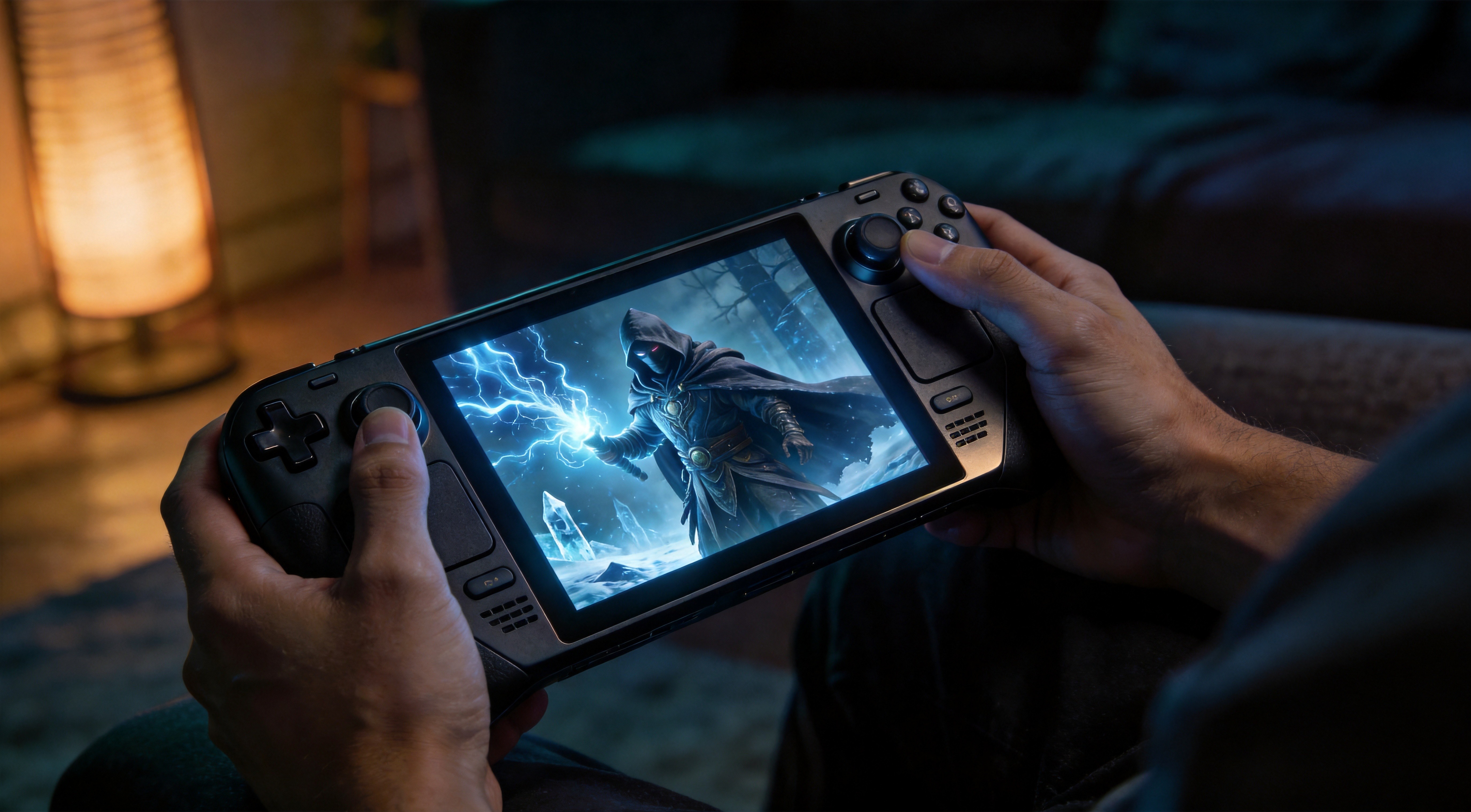 A pair of hands holding a Steam Deck on a couch at night, the screen showing a hooded sorcerer casting lightning and ice spells, warm blurred living room background, cinematic photography