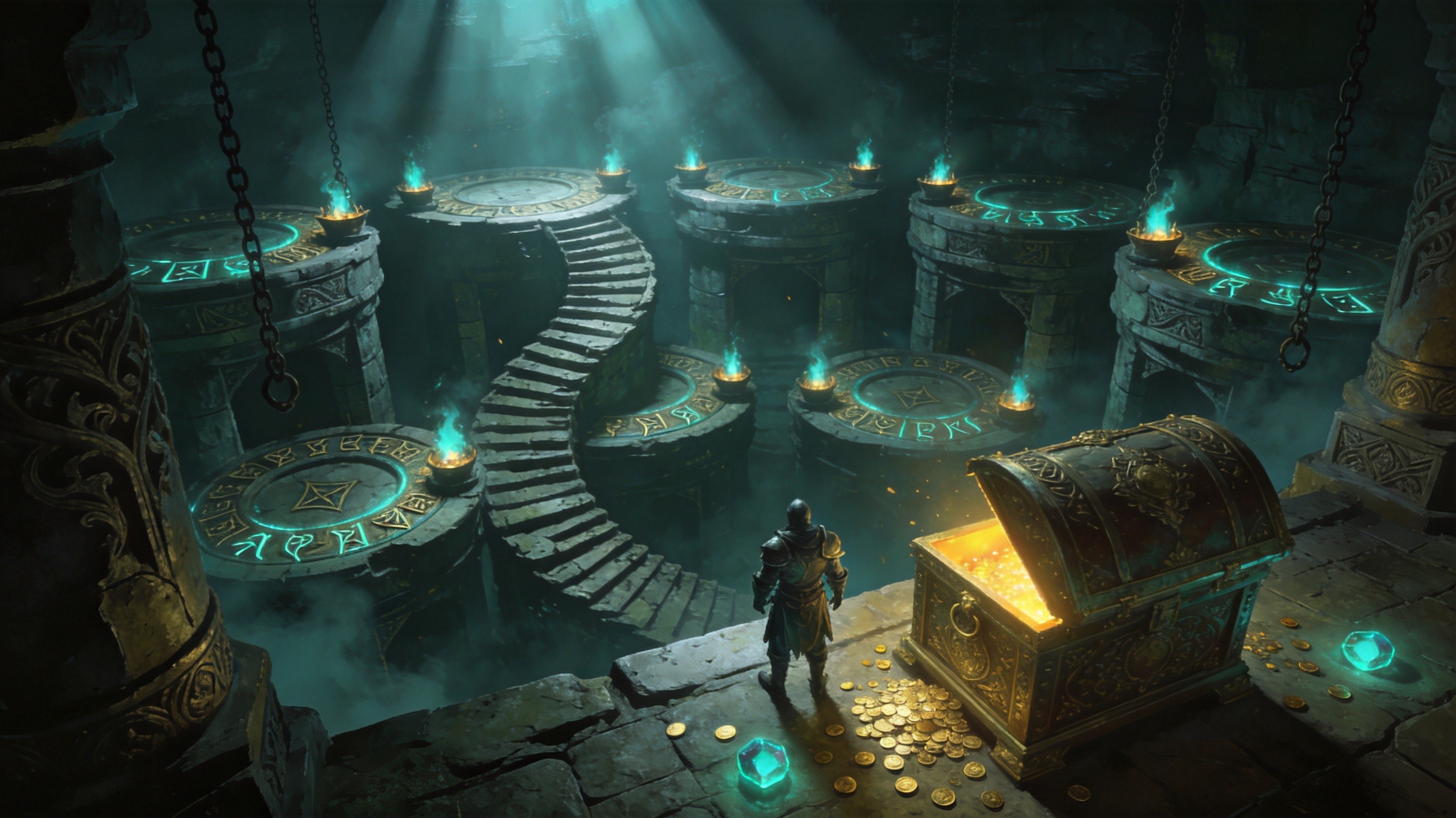 The Trial of Chaos reworked — a deep, chamber-filled trial gauntlet with ascending difficulty and reward chests, dark fantasy, teal and gold lighting