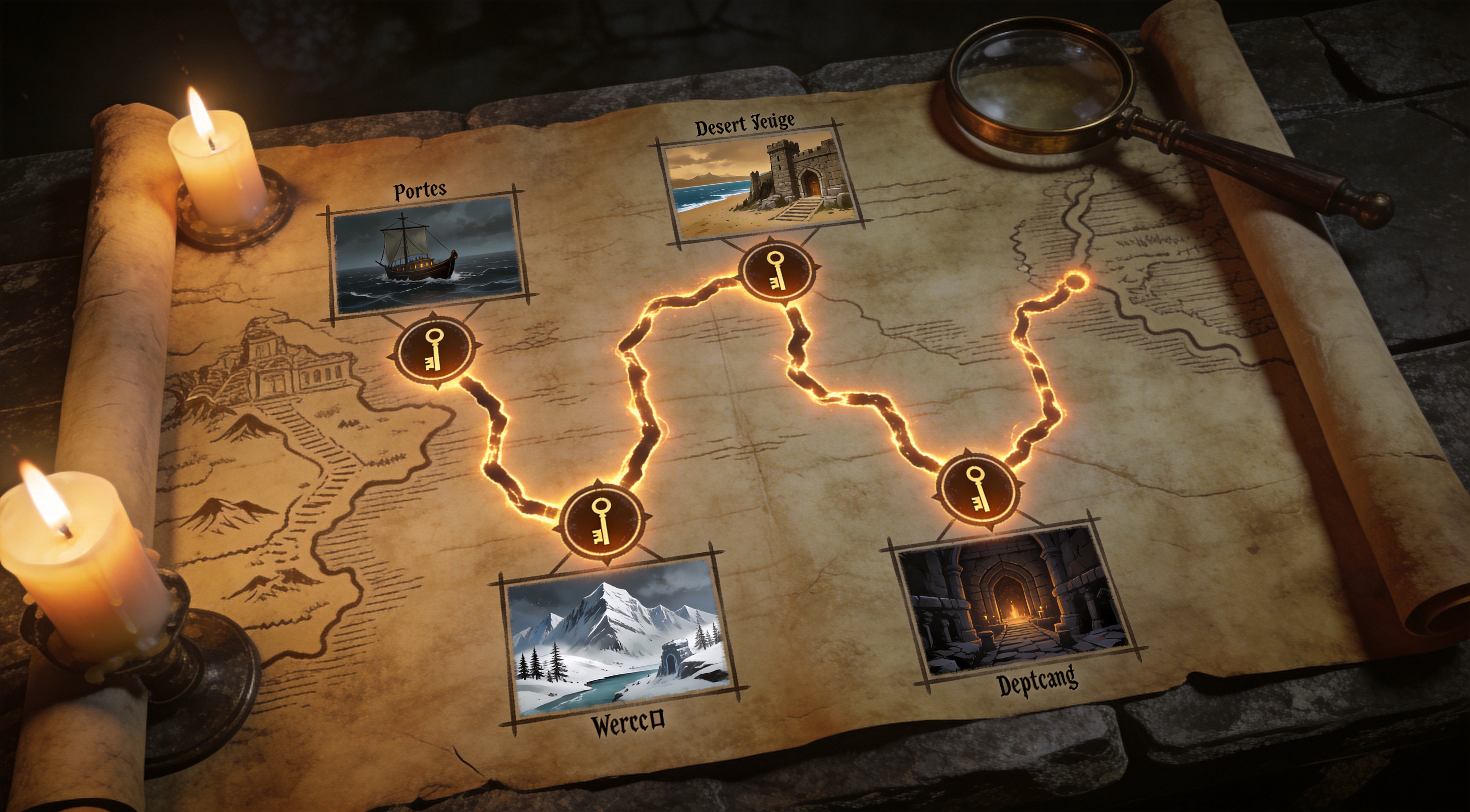 Farrow quest chain map showing the four unlock steps by act