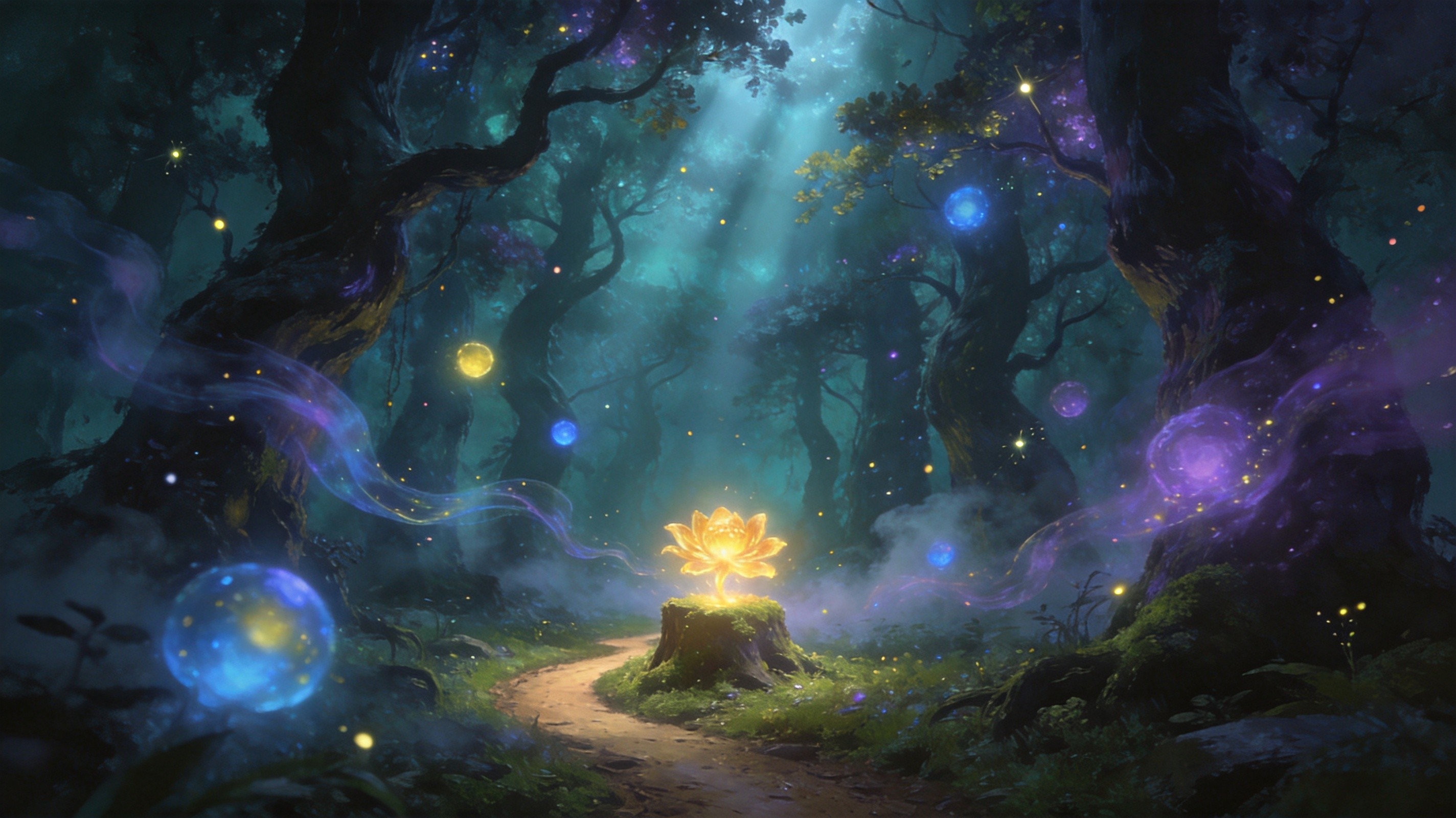 The Wildwood — a misty, otherworldly forest of glowing wisps and sacred bloom, vibrant teal and violet lighting, dark fantasy, with a single winding path